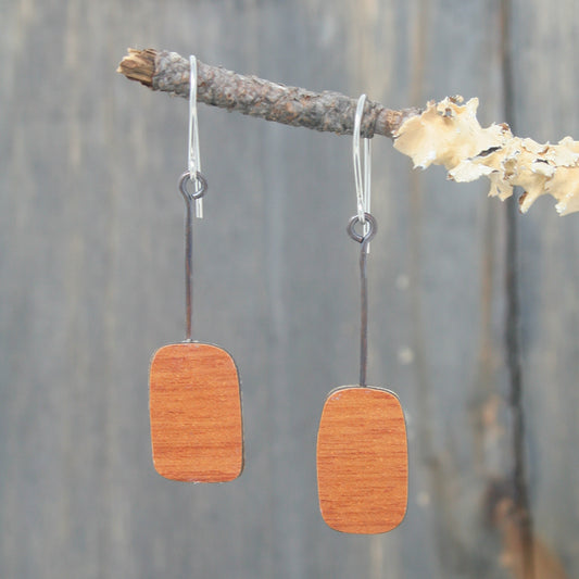 a pair of wooden earrings hanging from a tree branch