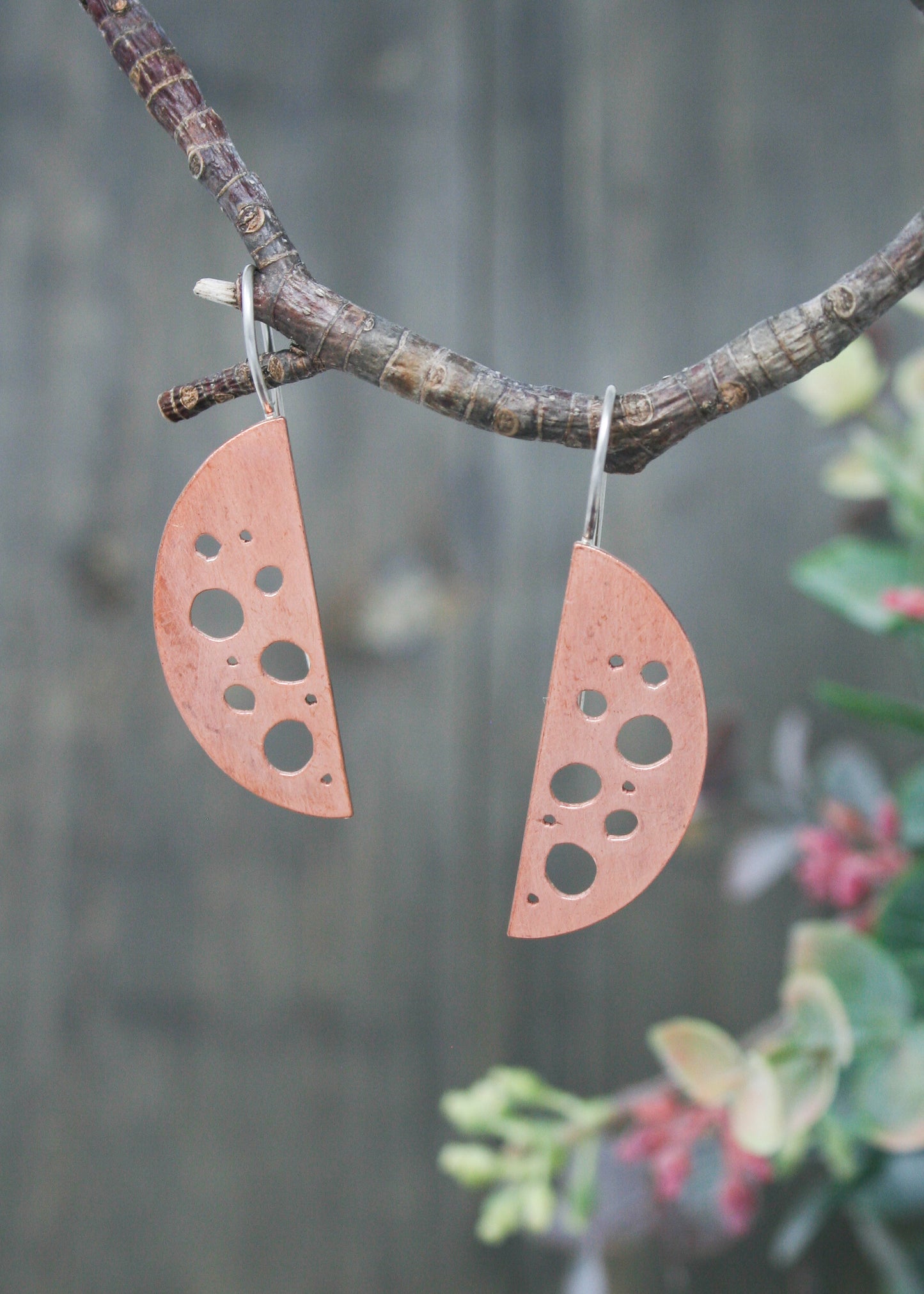 a pair of earrings hanging from a tree branch