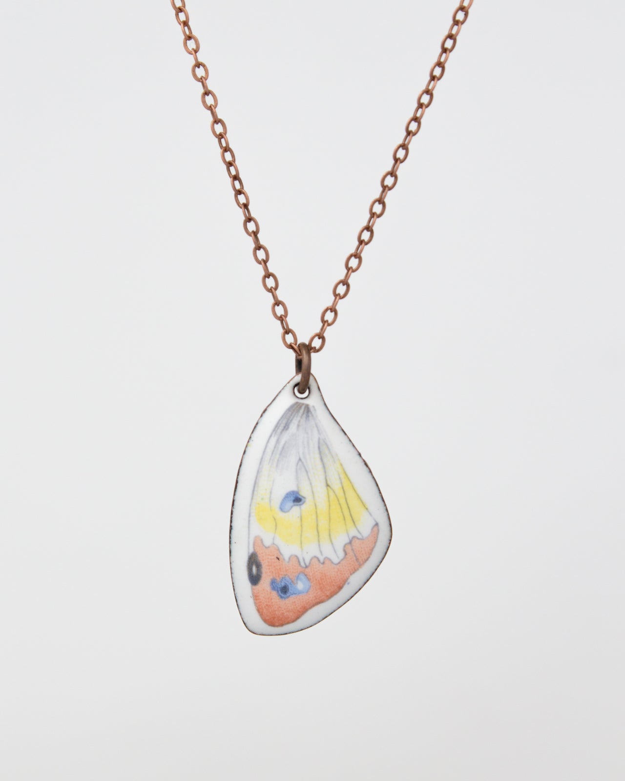 A necklace with a pendant featuring a colorful butterfly wing design.