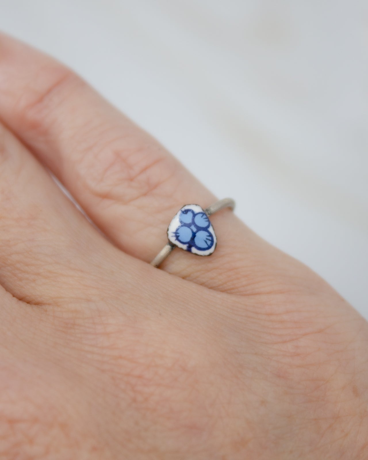 A close-up image of a hand wearing a ring with a blue and white floral design.