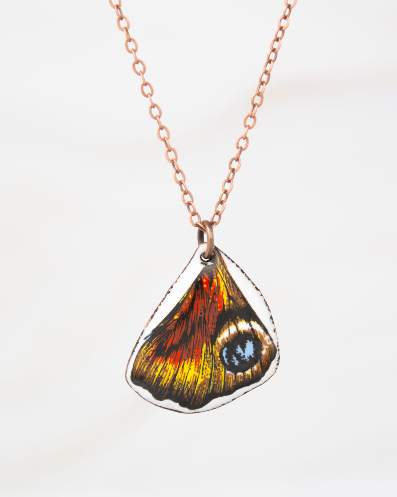 A necklace with a pendant featuring a colorful butterfly wing design.