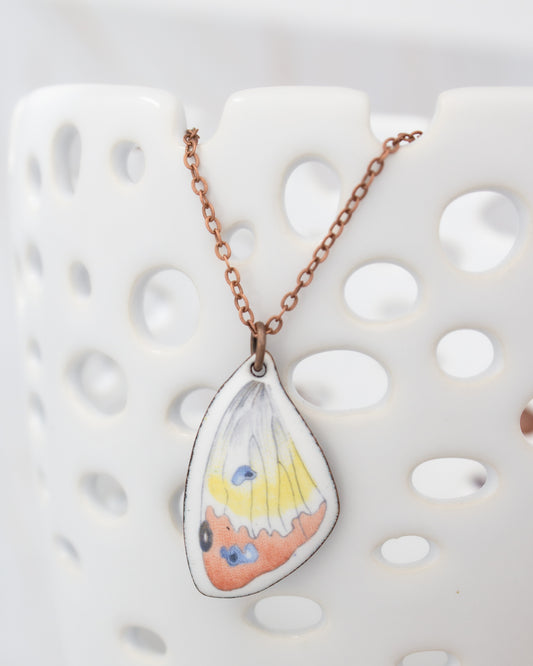 A necklace with a pendant featuring a colorful butterfly design.