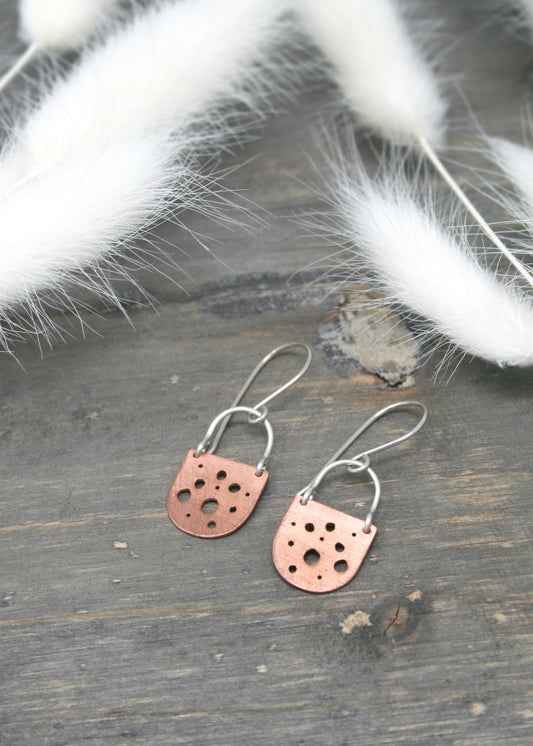 a pair of earrings with holes on them