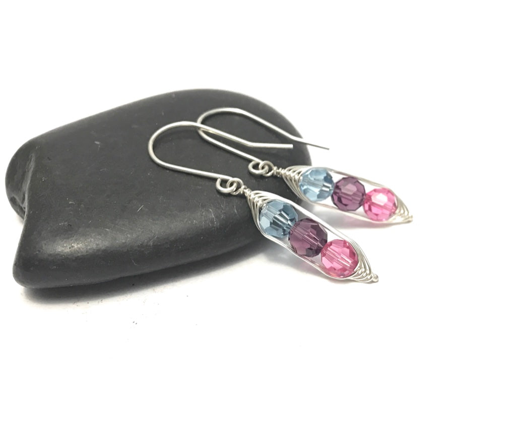 Birthstone Pea pod earrings with Crystals [made to order]