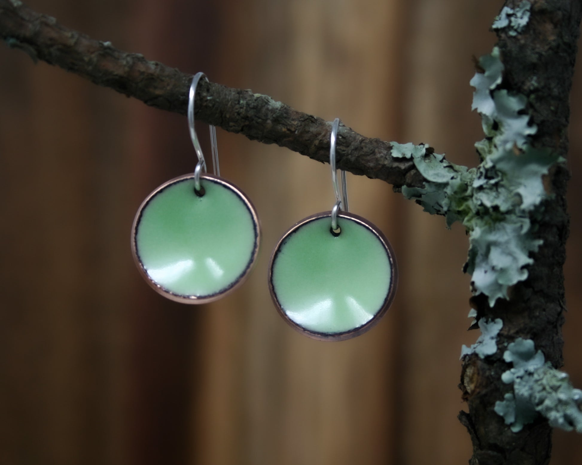 a pair of green earrings hanging from a tree branch