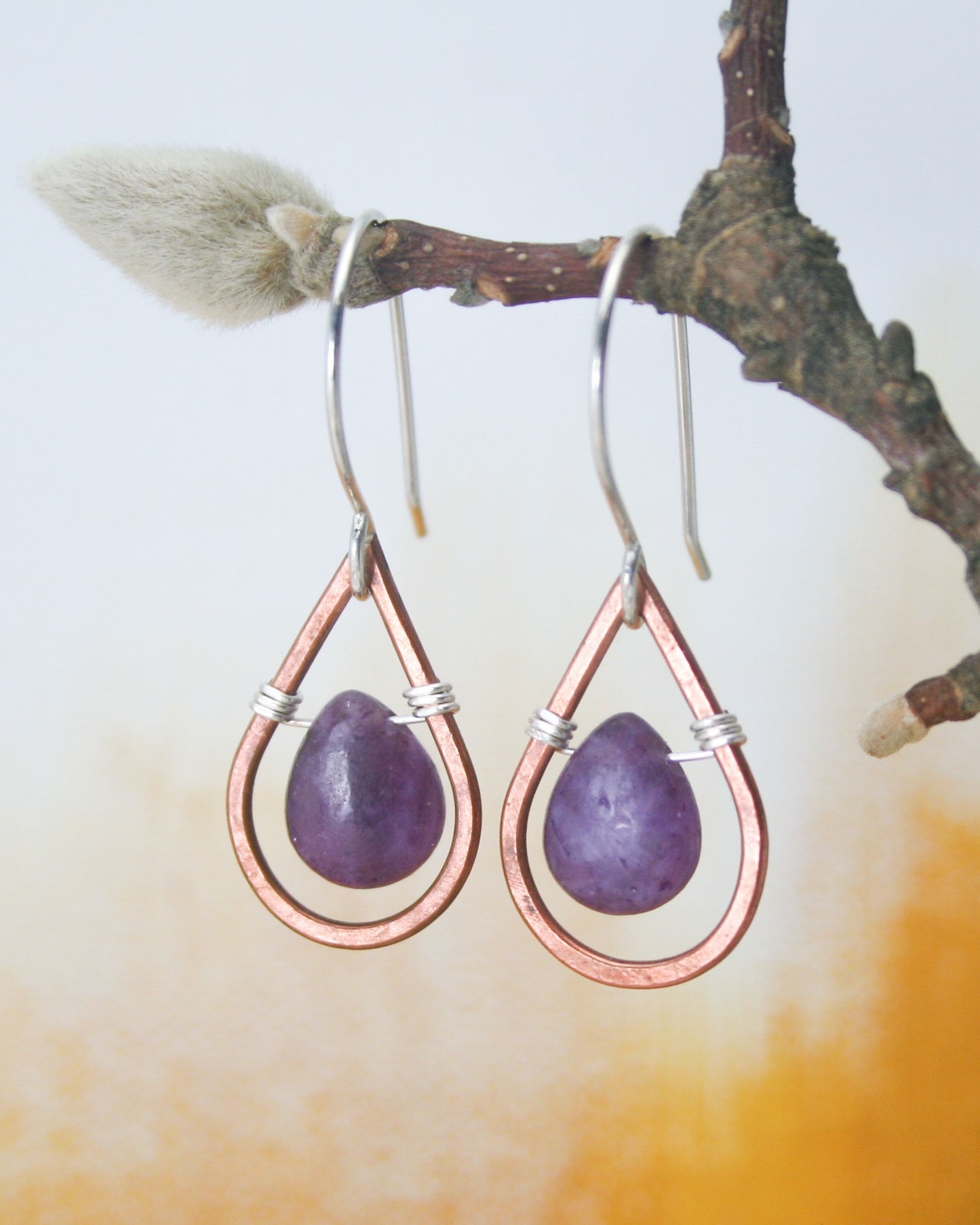 Whimsy drops copper small earrings with gemstone drop [made to order]